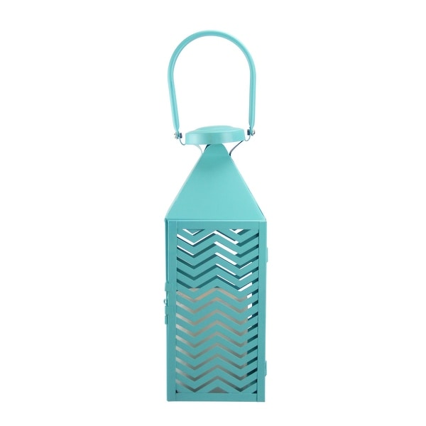 Fancy Fair Teal Blue Chevron Patterned Pillar Candle Lantern 13.5" - N/A