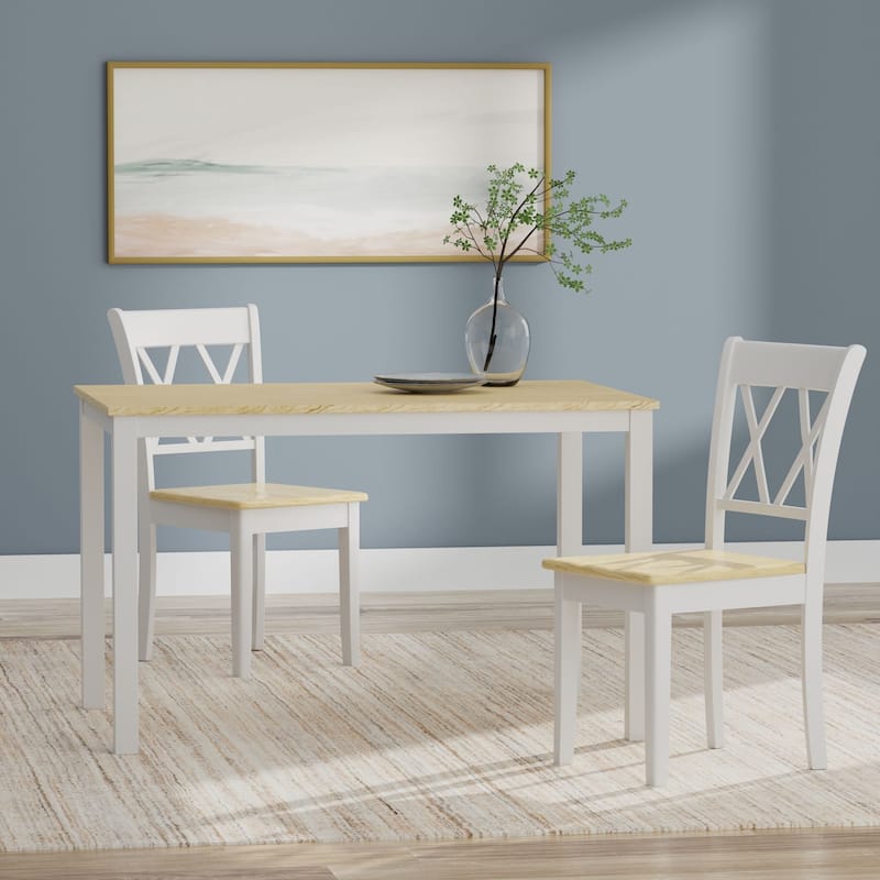 3-Piece Dining Set, 48" Rectangle Wood Table and Double X-Back Chairs - White/Natural Table + White/Natural Chairs