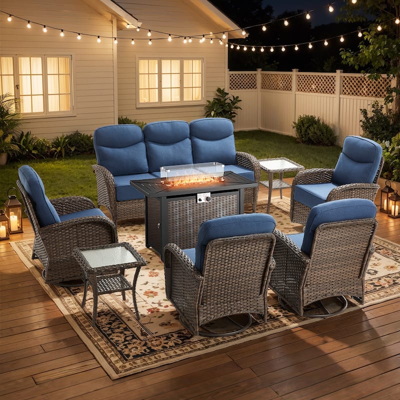 Pocassy Outdoor Sofa Swivel Chair and Ottman with 43in Fire Pit Table - Brown Wicker Blue Cushion - 8-Piece Sofa Swivel Chiar with Fire Table