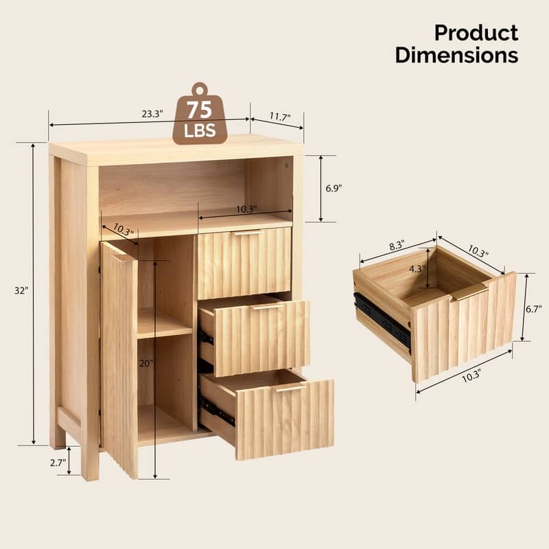 Freestanding Cabinet Oak 3-Drawer 1-Door Bathroom Livingroom