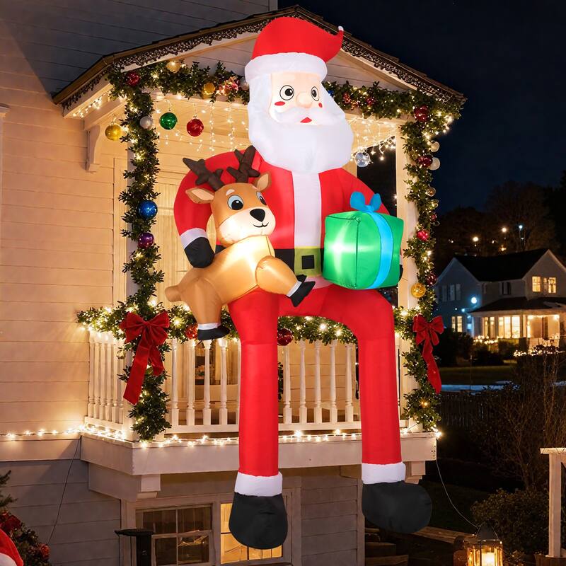 9.5ft Christmas Inflatable Santa with Reindeer and Gift Box for Outdoor Lawn Decoration