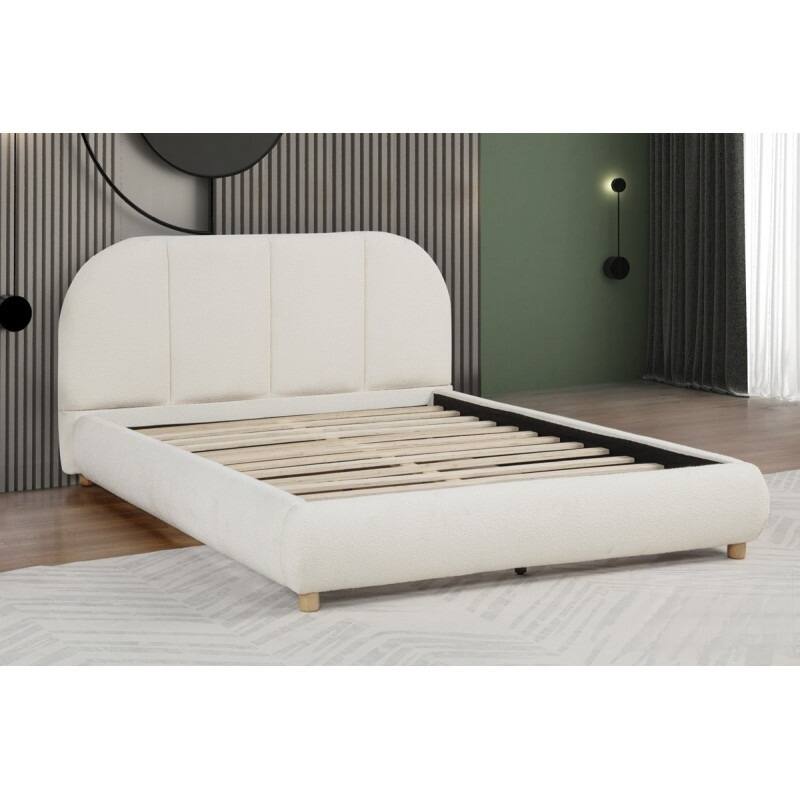 Modern Queen Platform Bed with Soft Burlap Upholstery, Contemporary Design, Easy Assembly