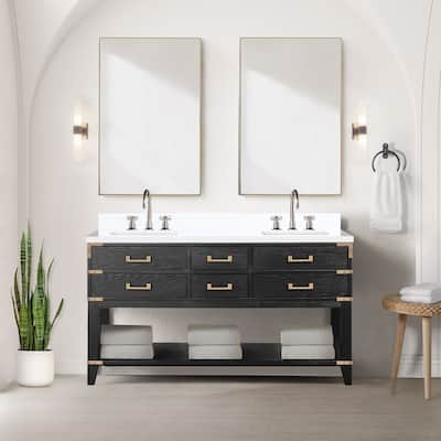 Norwalk 60 in W x 22 in D Black Oak Double Bath Vanity, Cultured Marble Top, Faucet Set, and 28 in Mirrors