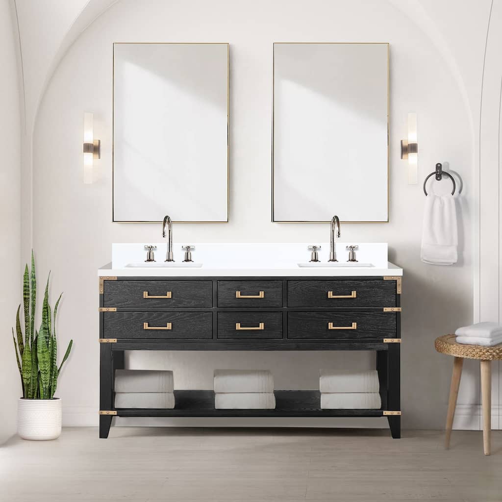Norwalk 60 in W x 22 in D Black Oak Double Bath Vanity, Cultured Marble Top, Faucet Set, and 28 in Mirrors