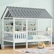 preview thumbnail 1 of 10, Wood Twin Size Solid House Kids Bed Frame with Roof, Guardrail & 2-Tier Storage Shelves, Rustic Design, Easy Assembly, White White