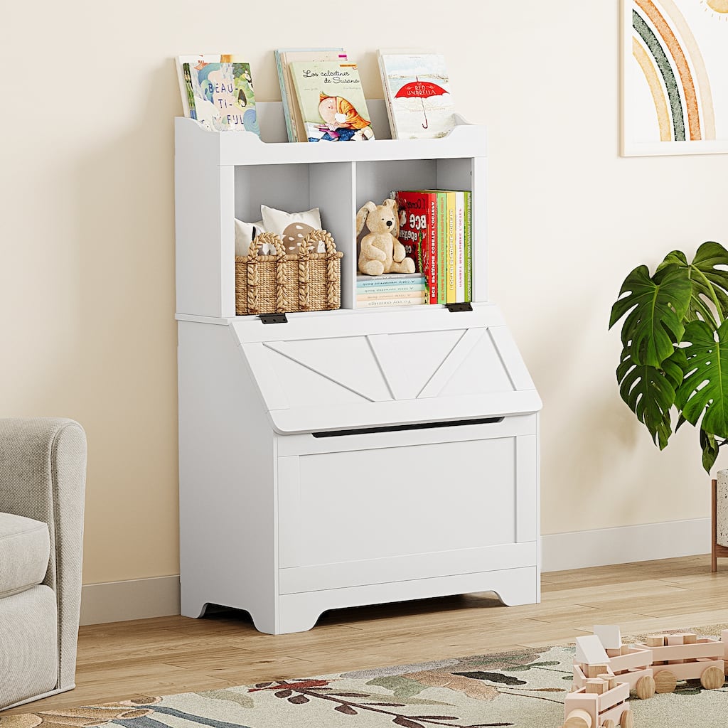 Kids Bookshelf and Toy Storage Organizer Wooden Toy Box Chest
