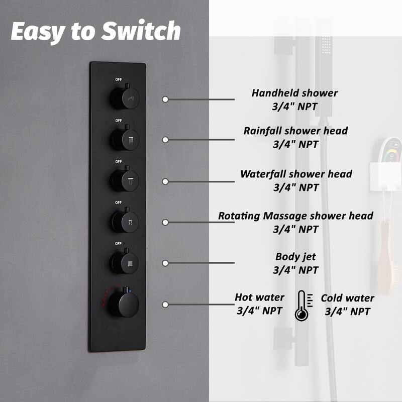 Luxury 5-Spray Patterns 28 in. Ceiling Mount Shower System with Handheld Shower Head, 3 Body Jets, LED, and Music - 16" x 28"