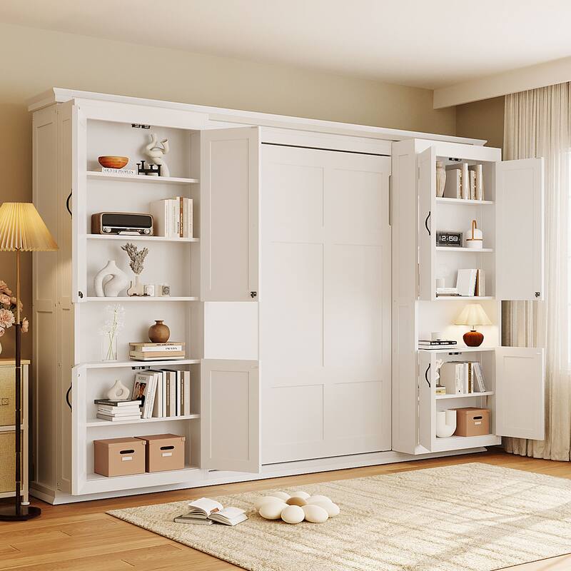 Queen Murphy Bed with Sliding Storage Cabinets & Shelves - Large Capacity Wall Bed System