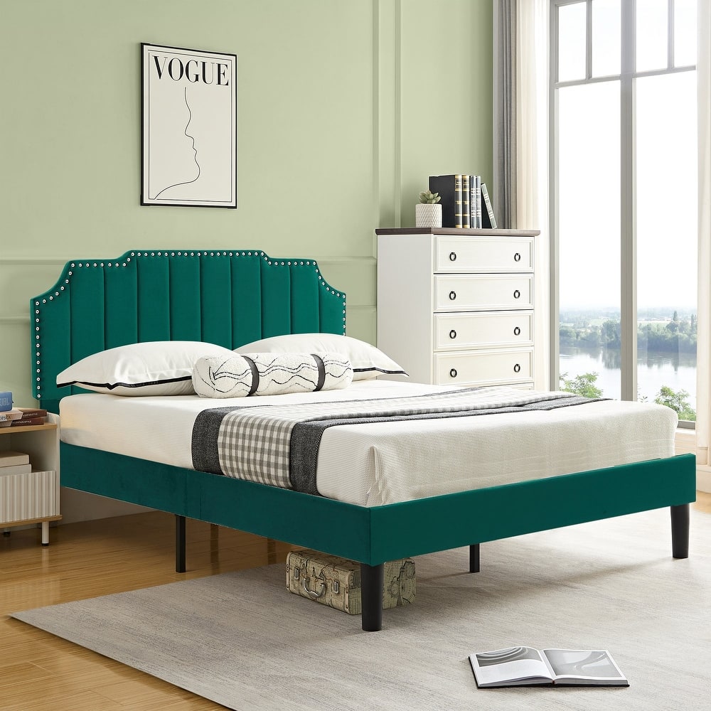 VECELO Upholstered Bed Frame with Nailhead Trim Adjustable Height Headboard, Twin/Full/Queen Size Bedframes