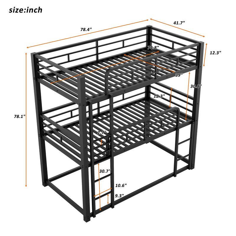 Metal Triple Bunk Bed with Long and Short Ladder - Twin Size