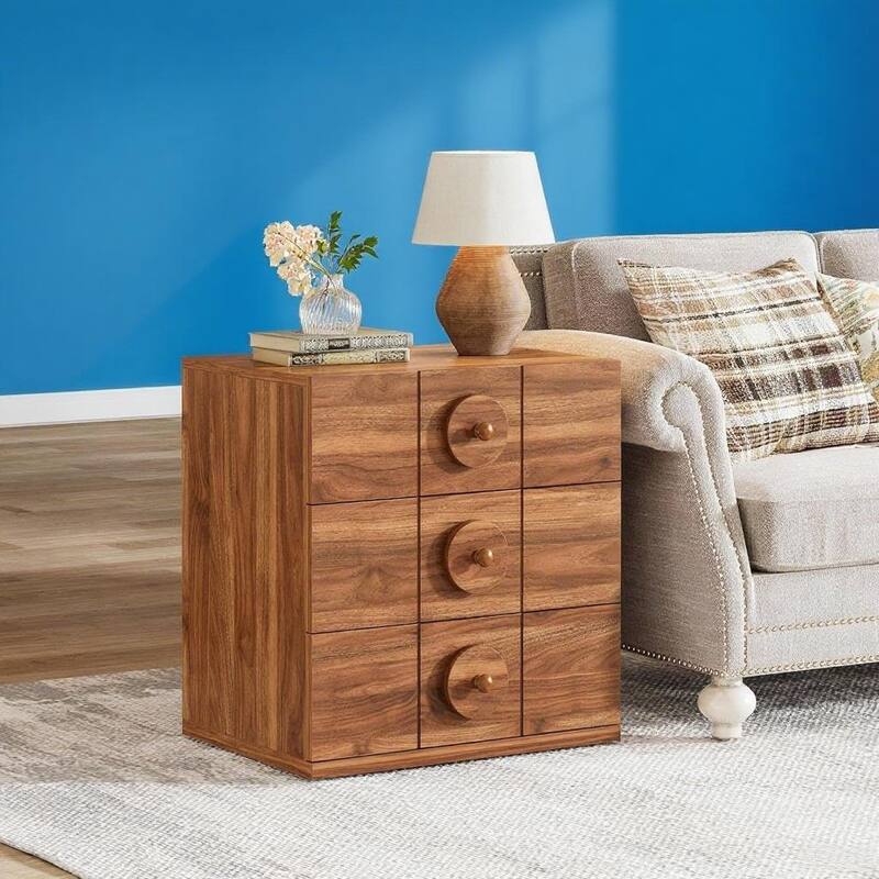 Natural Wood Metal 3-Drawer Nightstand with Checkerboard Design