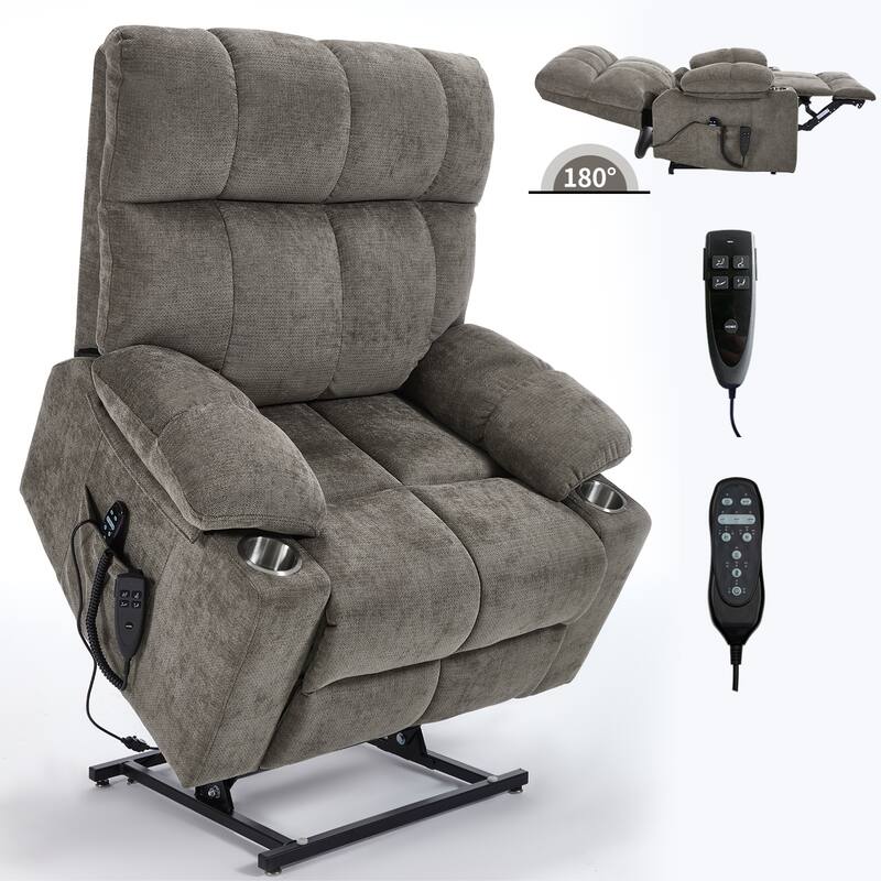 Chenille Power Lift Recliner Chair, Adjustable Heavy Duty Reclining Sofa with Cup Holders, Vibration Massage & Lumbar Heating - Brown