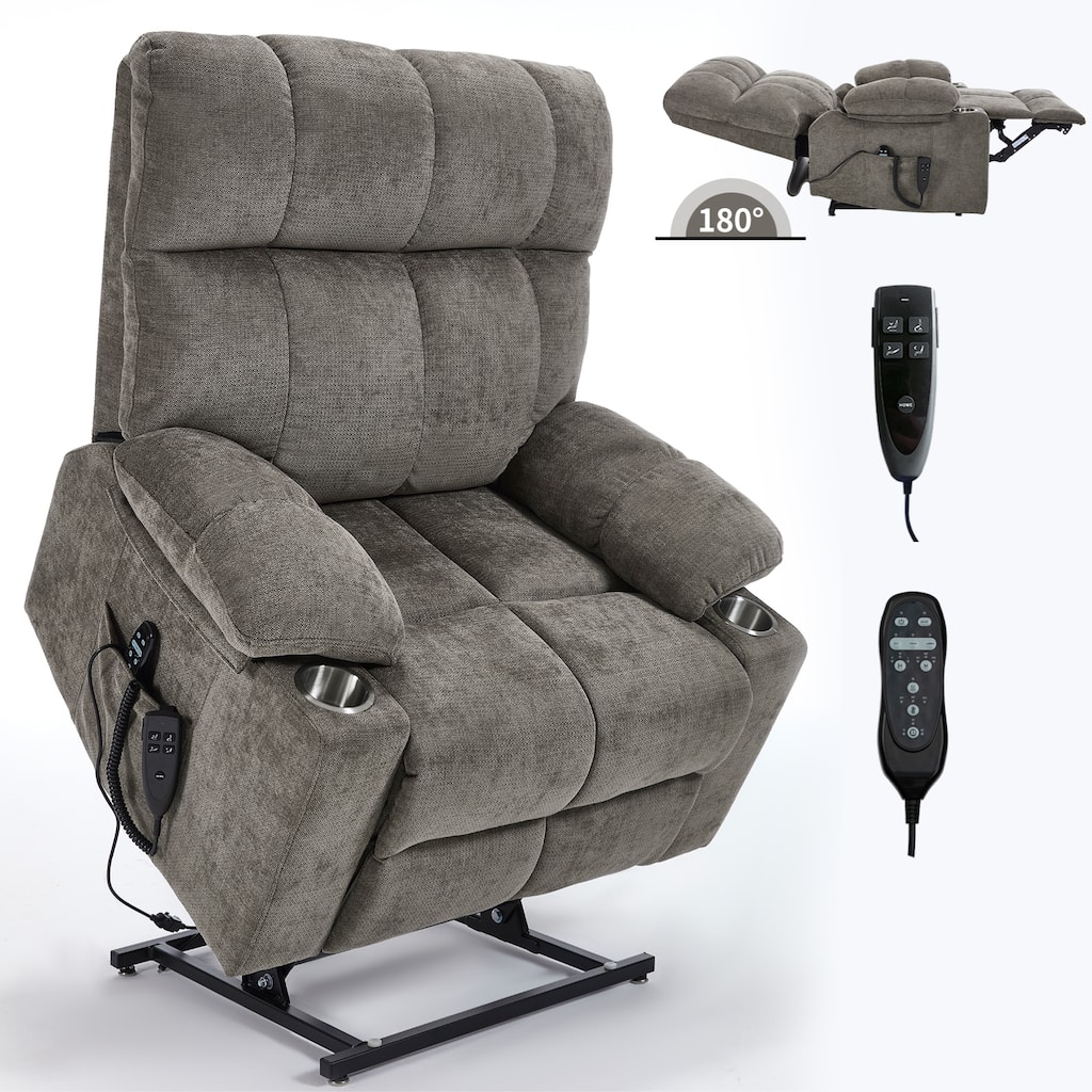 Chenille Power Lift Recliner Chair, Adjustable Heavy Duty Reclining Sofa with Cup Holders, Vibration Massage & Lumbar Heating