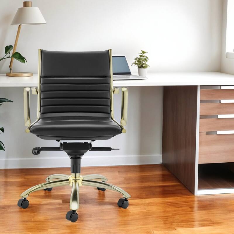 Black and Gold Steel and Faux Leather Adjustable Swivel Rolling Conference Office Chair - 23.43' X '38' X '22.05 - Black