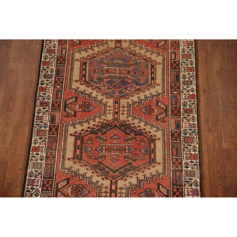 Orange Ardebil Persian Vintage Runner Rug Handmade Tribal Wool Carpet - 3'2"x 10'3"