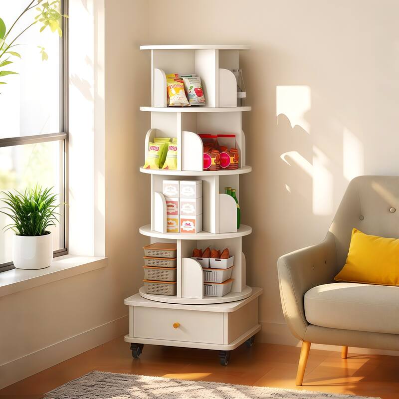 360 Degree Rotating Bookshelf Corner Storage Shelf with Drawer for Living Room Bedroom Office