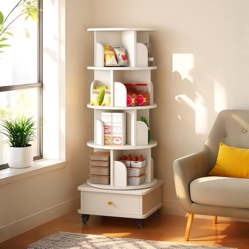 GDF Studio - Purling Modern 5-Tier Wood 360-Degree Rotating Bookshelf with Drawer Storage