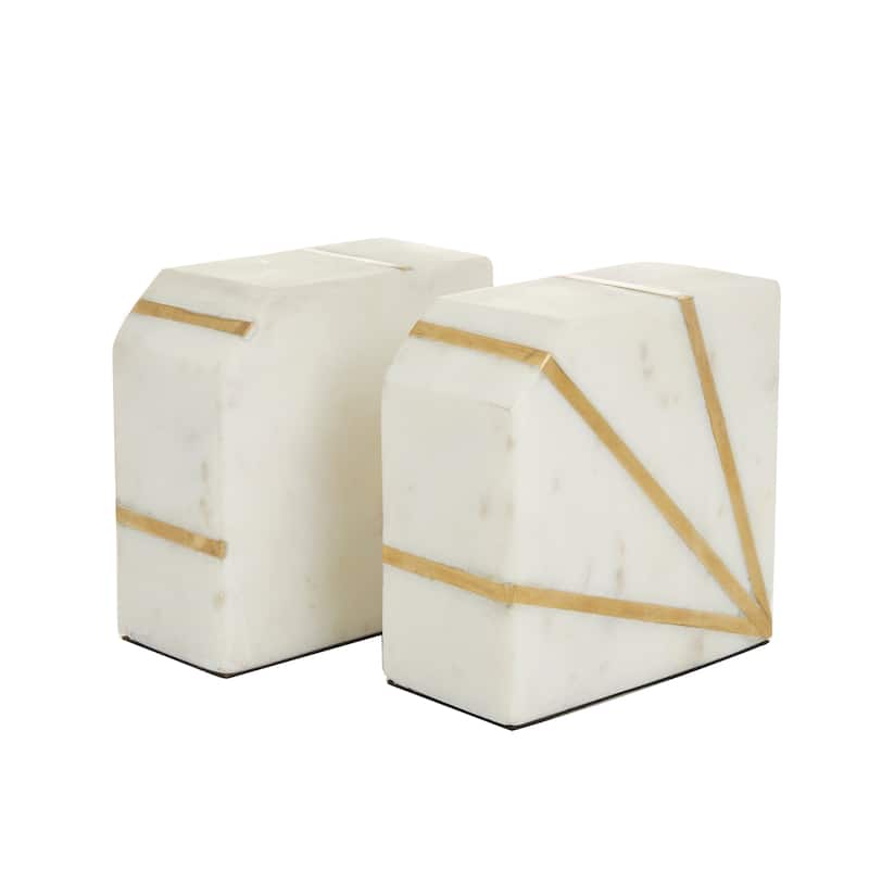 CosmoLiving by Cosmopolitan White Marble 8 lbs Geometric Decorative Bookends with Gold Inlay (Set of 2)