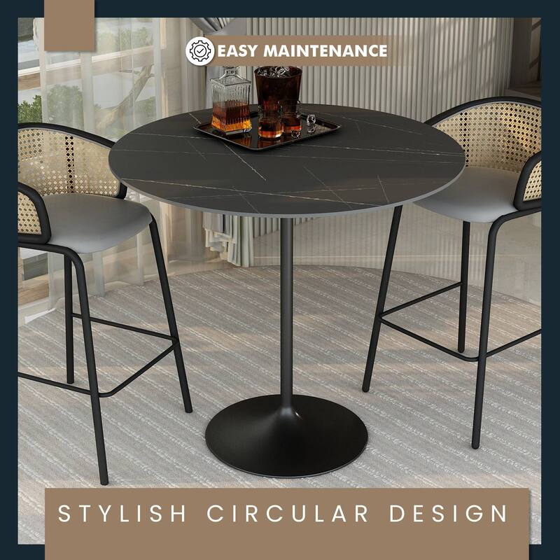 LeisureMod Verve 48" Round Dining Table with Sintered Stone TableTop and Black Steel Base for Kitchen & Dining Room