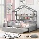 preview thumbnail 27 of 33, House Bed with Trundle Bed and Shelf, Wooden Platform Bed Frame with Full Length Guardrail and Roof Gray - Twin