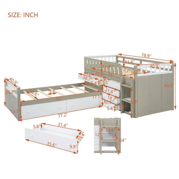 dimension image slide 2 of 3, L-shaped Space-Saving Twin Loft and Twin Platform Bed with 7 Drawers