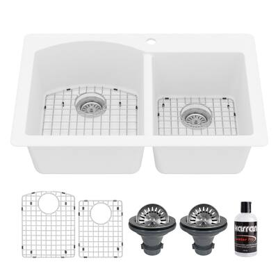 Karran Drop-In Quartz 33 in. 1-Hole 60/40 Double Bowl Kitchen Sink Kit