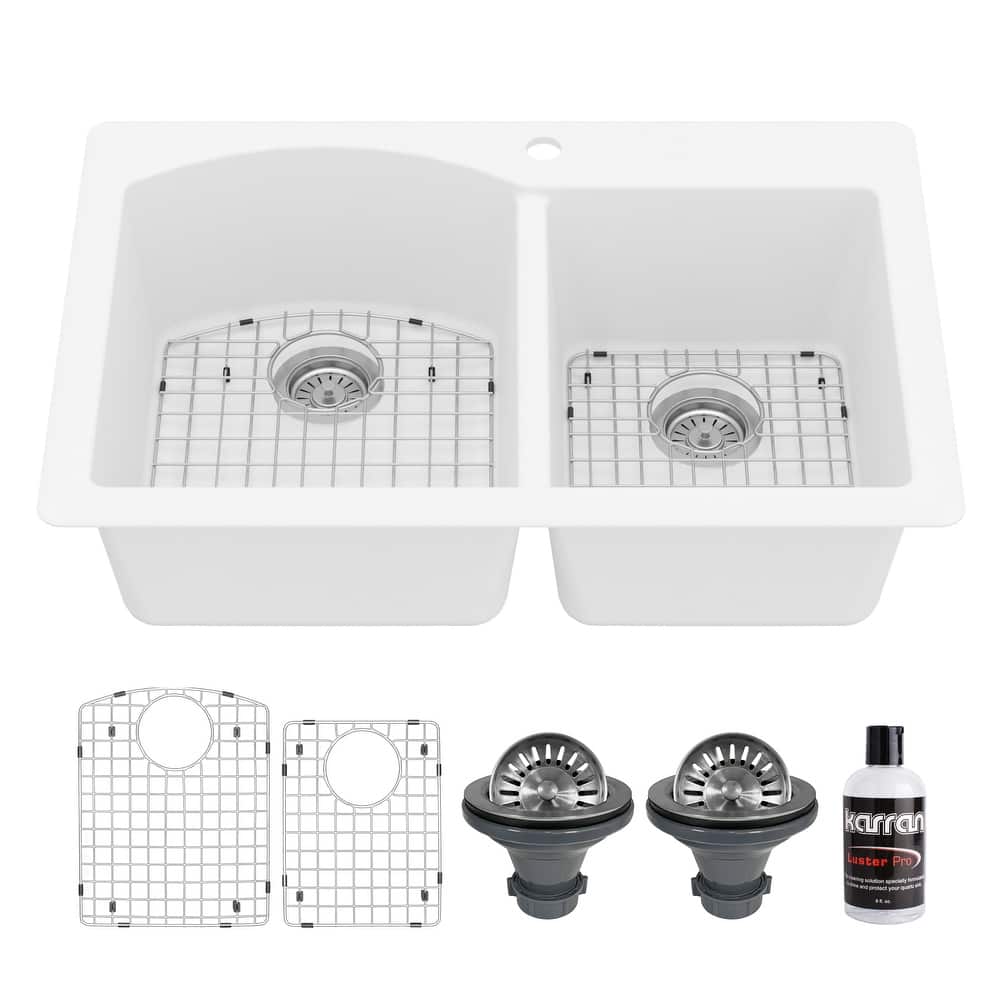 Karran Drop-In Quartz 33 in. 1-Hole 60/40 Double Bowl Kitchen Sink Kit