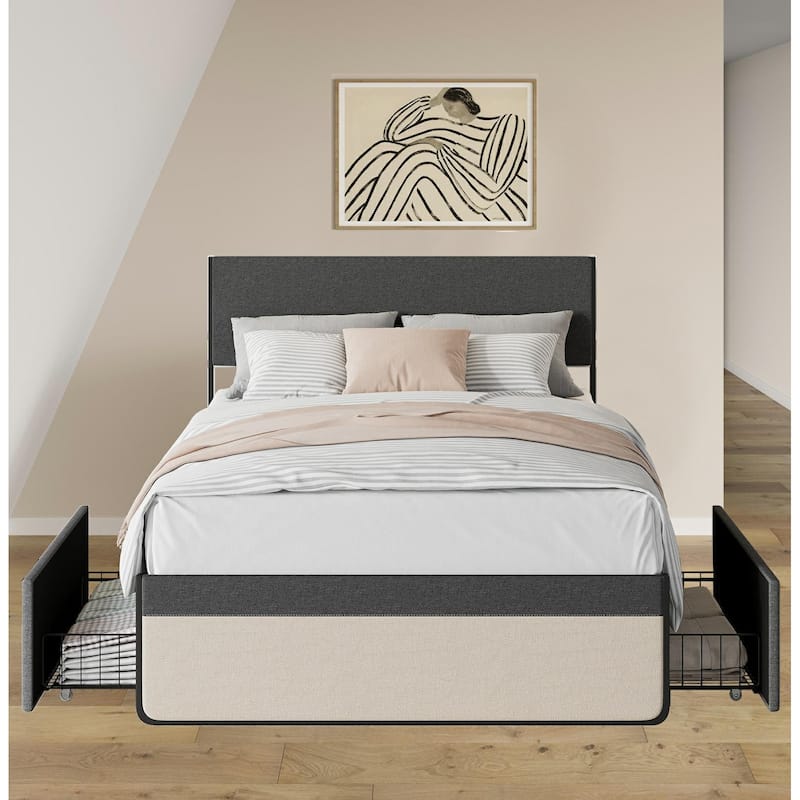 Upholstered Platform Bed Frame with 2 Storage Drawers - Queen
