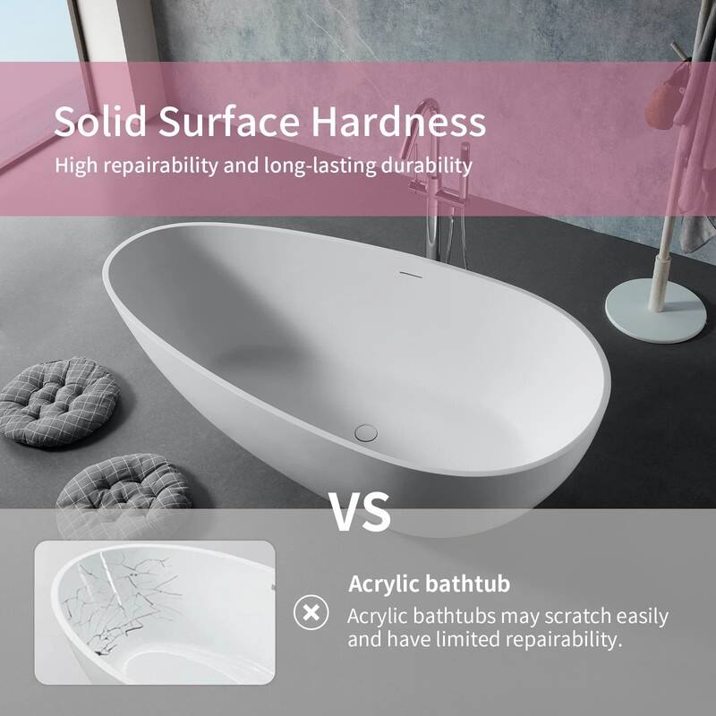 ABRUZZO 59" x 31" Freestanding Solid Surface Soaking Bathtub with Overflow and Drain in Glossy White