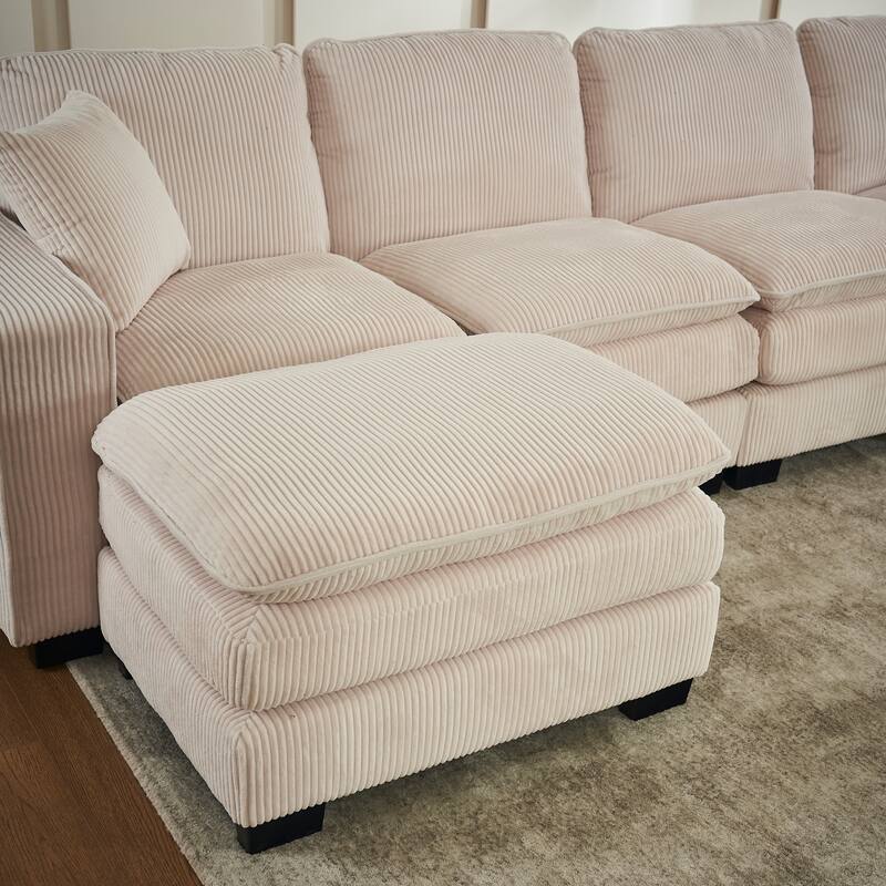 Corduroy Upholstered U-shaped Chaise Sectional Sofa Modular Sleeper Sofa Bed Deep Seat Couch with Ottoman and Pillows