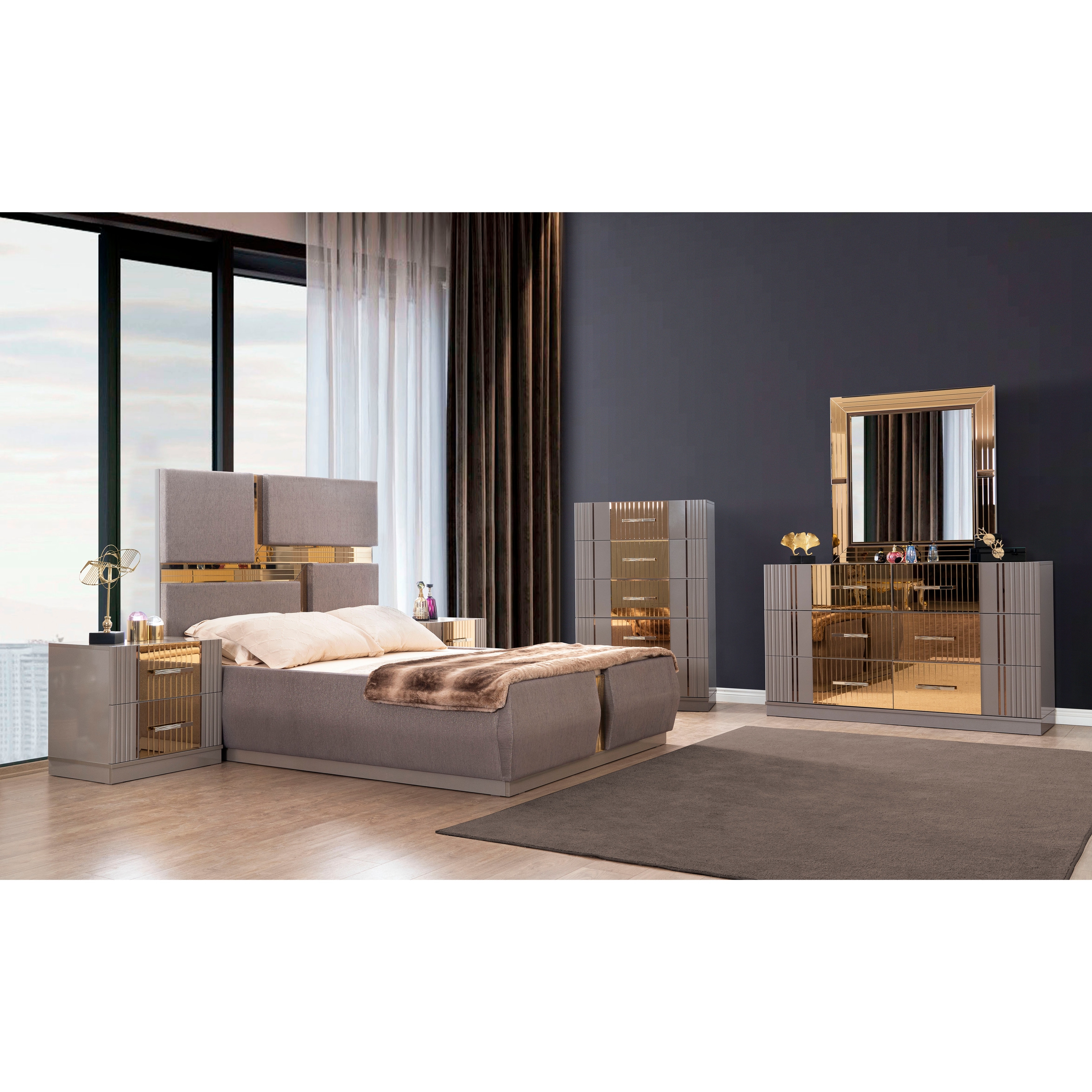 King Bed with Mirror Nightstand Dresser 4PC Bedroom Set