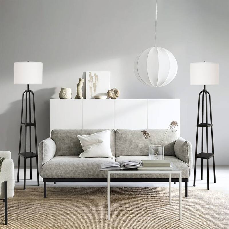 57.8'' Black Column Floor Lamp with Linen Shade(Set of 2)