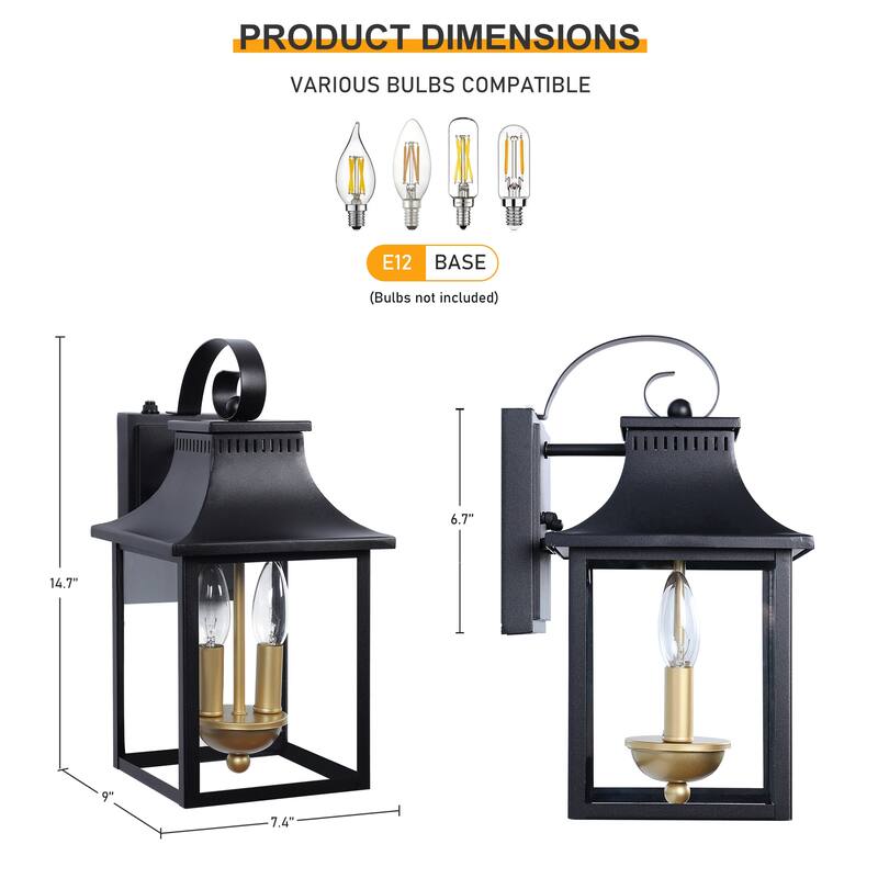 2-Light Black Dusk to Dawn Outdoor Aluminum Wall Lantern (2 Pack) - W7.4" x D9" x H14.7"