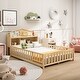 preview thumbnail 14 of 37, Full Size Multifunctional Kids Floor Bed with Storage Headboard and Blackboard, Teens Wooden Platform Bed Frame with Guardrails Natural