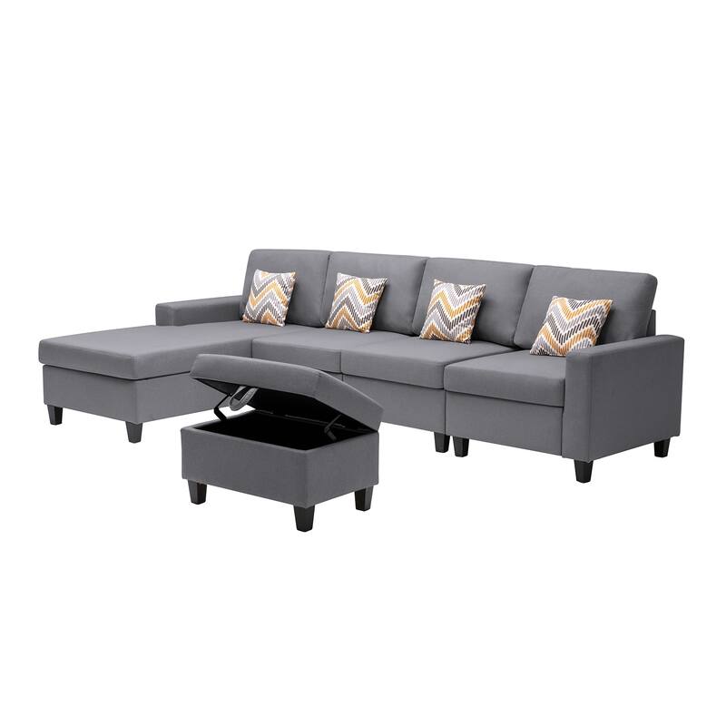 Linen Fabric 5 Piece Reversible Sofa Chaise with Interchangeable Legs and Storage Ottoman in Grey