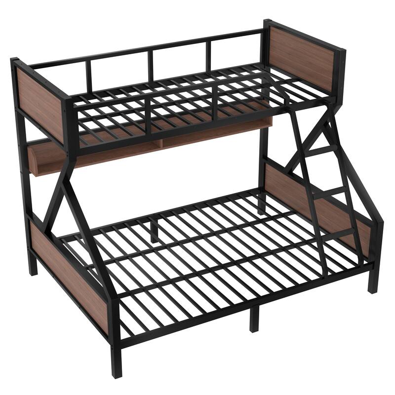 Twin XL over Queen Bunk Bed, Metal Bunk Bed with Storage Shelves and Lights, Space-saving & Noise-free Design, Black
