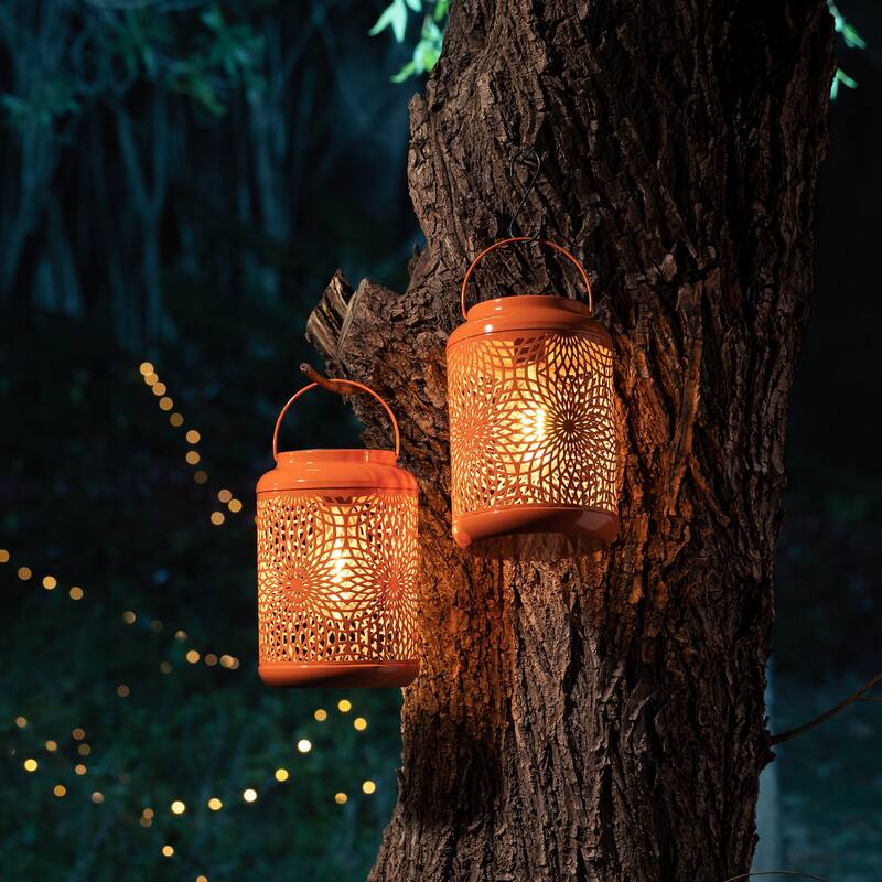 Glitzhome 8.75"H Outdoor Waterproof Metal Solar Hanging Lantern with Flower Leaves Decor
