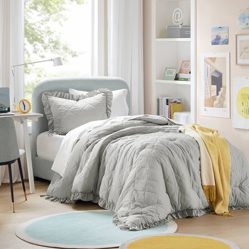 Chelsea Square Himari Diamond Quilted Ruffle Edge Comforter Set - Grey - Twin