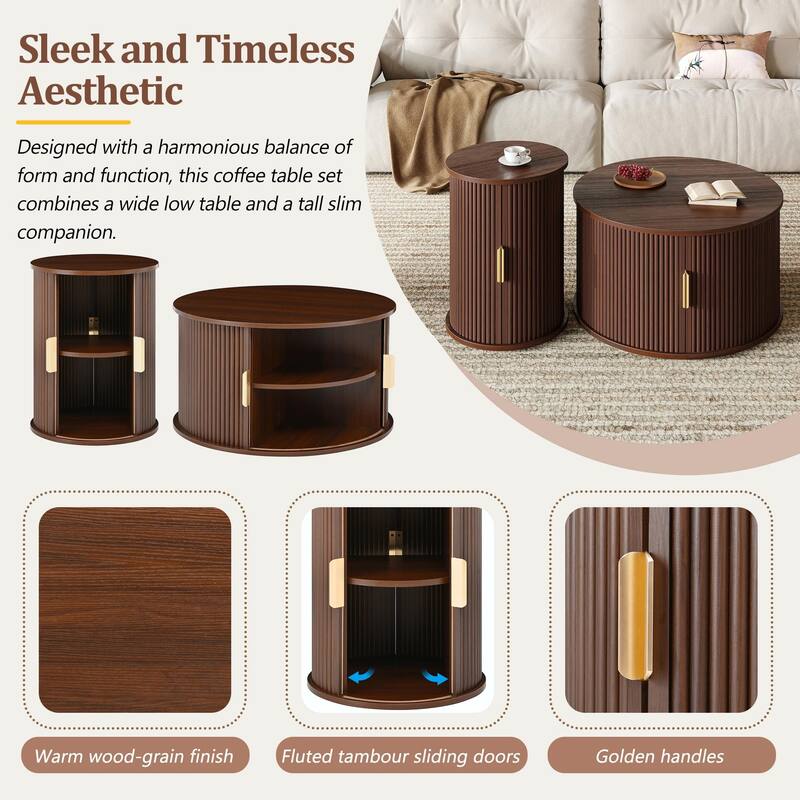 Mid-Century Coffee Table Set with Sliding Tambour Door - Round Fluted End Table with Storage