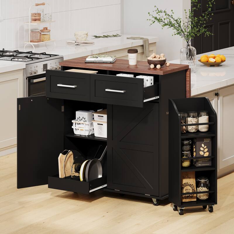 47.2" Kitchen Island, Kitchen Cart on Wheels with Foldable Wooden Tabletop, Rolling Storage Sideboard with Removable Side Racks - Black