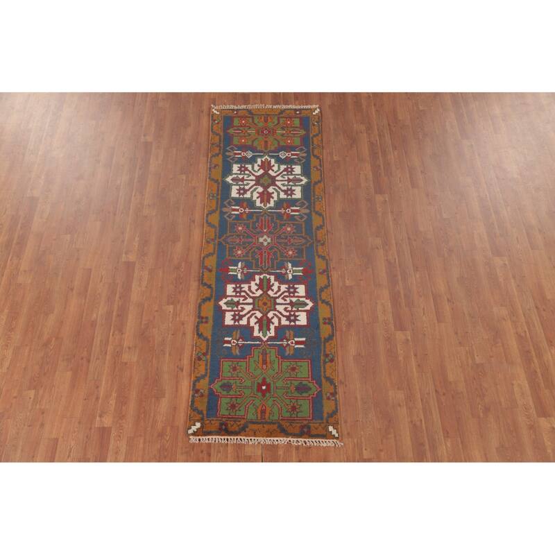 Blue Geometric Heriz Serapi Oriental Runner Rug Handmade Wool Carpet - 2'7"x 7'10"