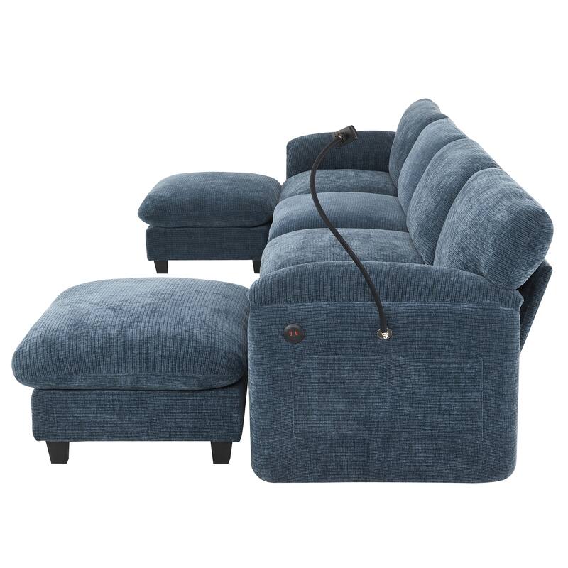 Striped Chenille Modular Sectional Sofa Set with Movable Ottoman, Phone Holder, Dual-Port Charging, 2 Side Storage Pockets