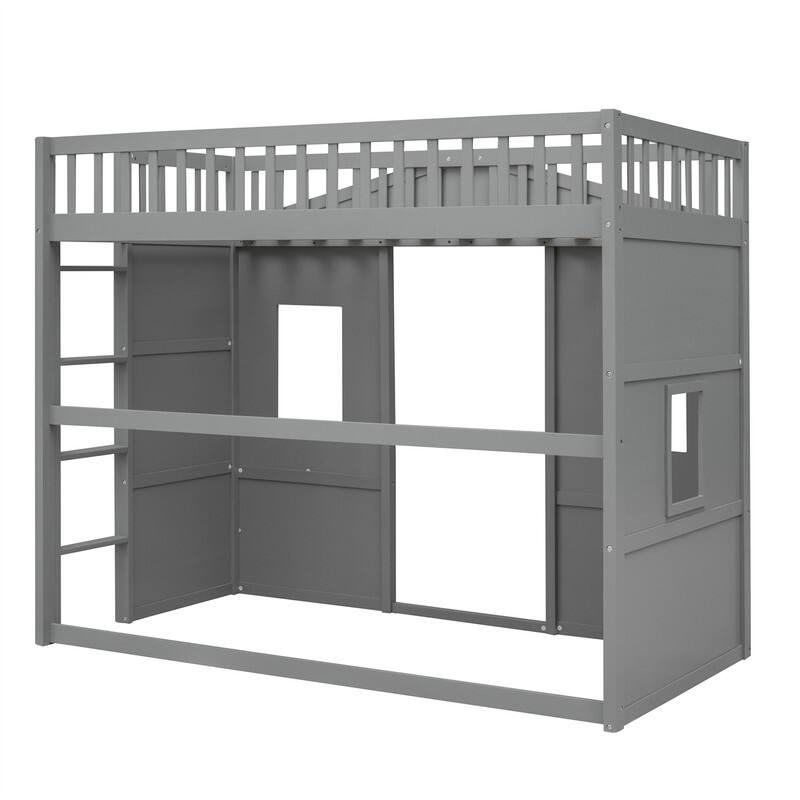 Solid Wood House Loft Bed with Window Design and Ladder, Twin/Full Size Playhouse Bed Loft Bed Frame with Guardrail for Kids