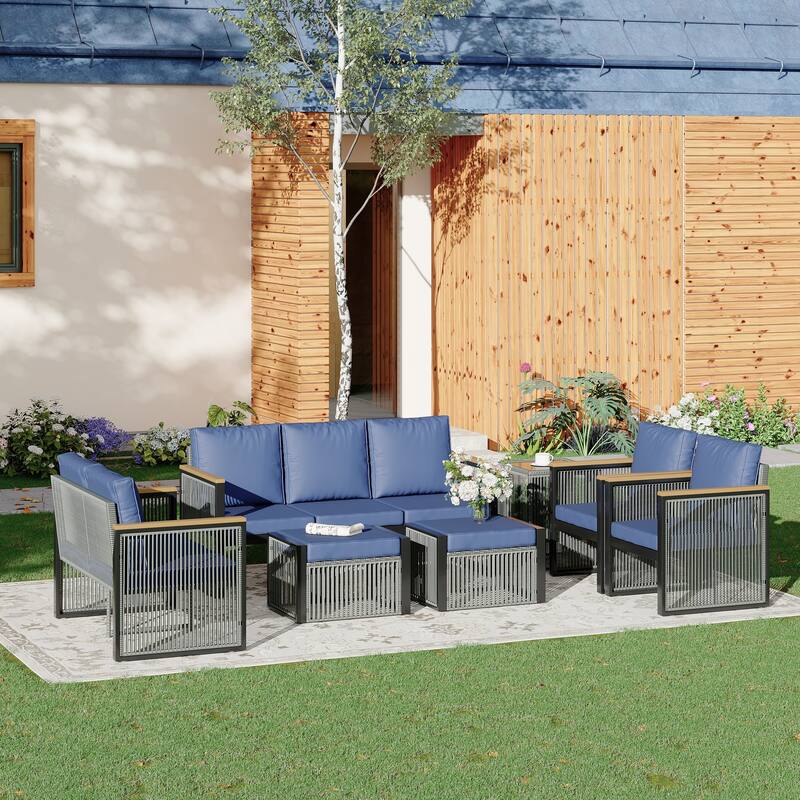 EROMMY Outdoor Furniture Sets - 5/6/7 Piece All-Weather Conversation Sets w Table & Ottoman, Sectional Sofa & Chairs for Patio - 7 PCS - Sofa & Loveseat & 2 Chairs & 2 Ottomans - Blue
