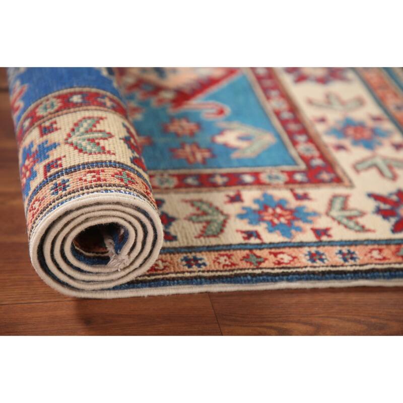 Blue Geometric Kazak Oriental Accent Rug Handmade Wool Carpet - 2'9" x 4'0"