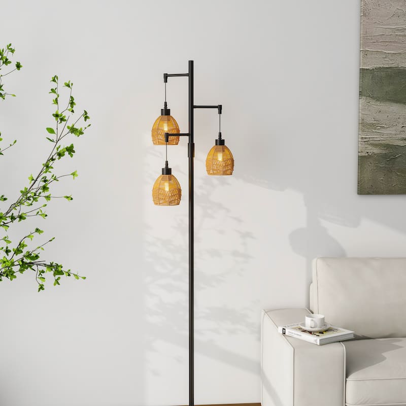 3-Lights Boho Floor Lamp with Rattan Shades