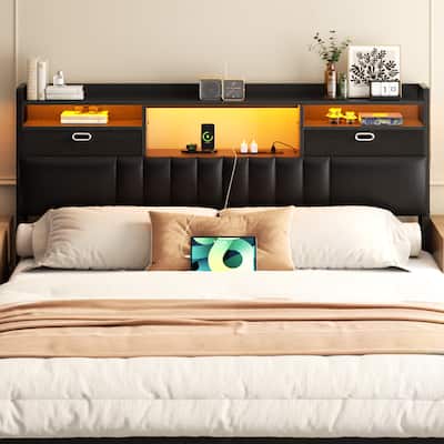 Upholstered Headboard with Drawer Storage and RGB LED Light, Sturdy Headboard with Charging Station ＆ Bookcase