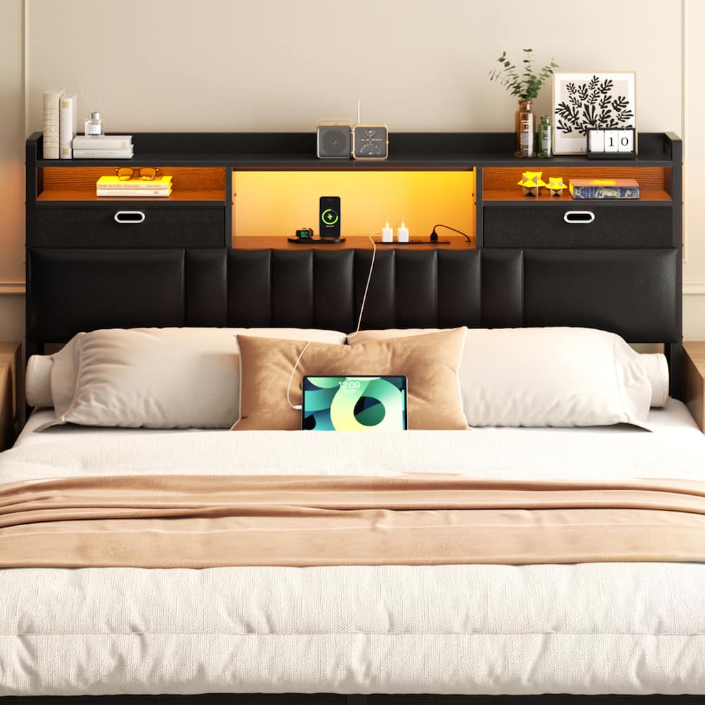 Upholstered Headboard with Drawer Storage and RGB LED Light, Sturdy Headboard with Charging Station ＆ Bookcase