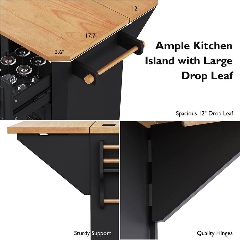 Kitchen Island with Drop Leaf,Features Power Outlet and Ample Storage