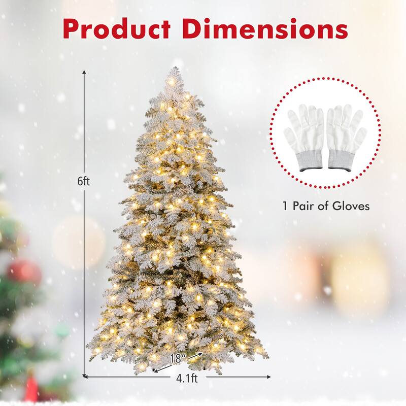 Gymax Pre-Lit Artificial Christmas Tree Hinged Snow Flocked Xmas Tree